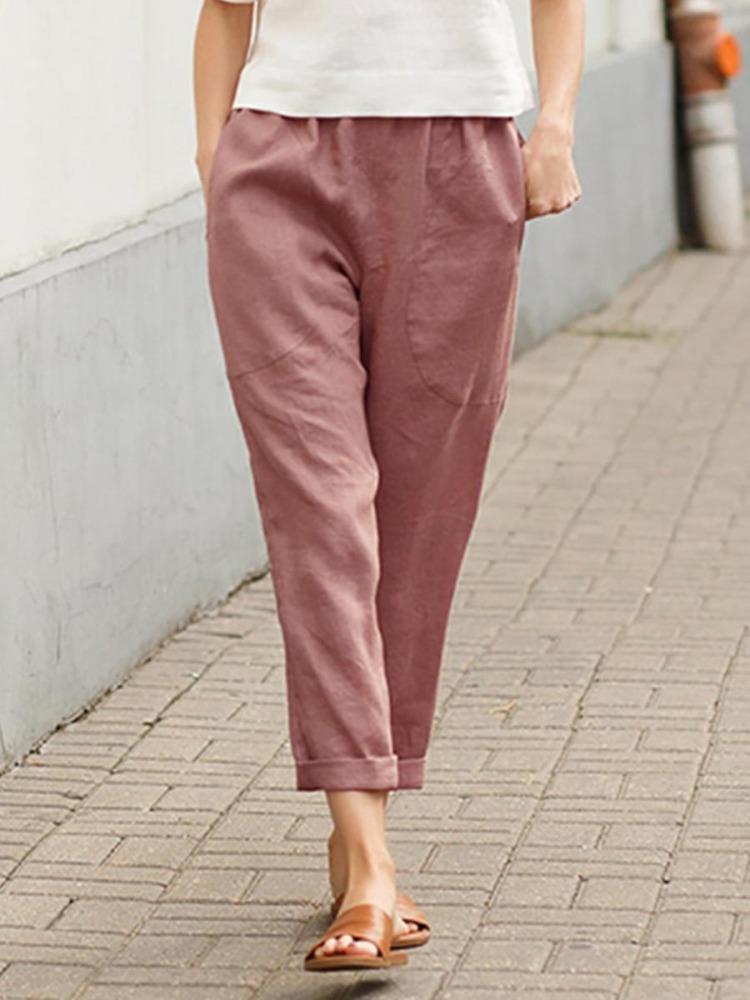 Women Summer Loose Long Pants Comfortable Cotton Linen Trousers Ladies Solid Color Double Pocket Casual Wear