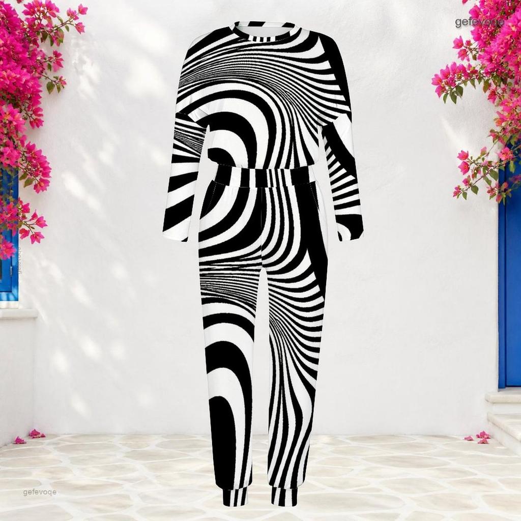 Women Plus Size Black White Printed Round Neck Long Sleeve Cuffed Top Cuffed Pants Two Piece Set