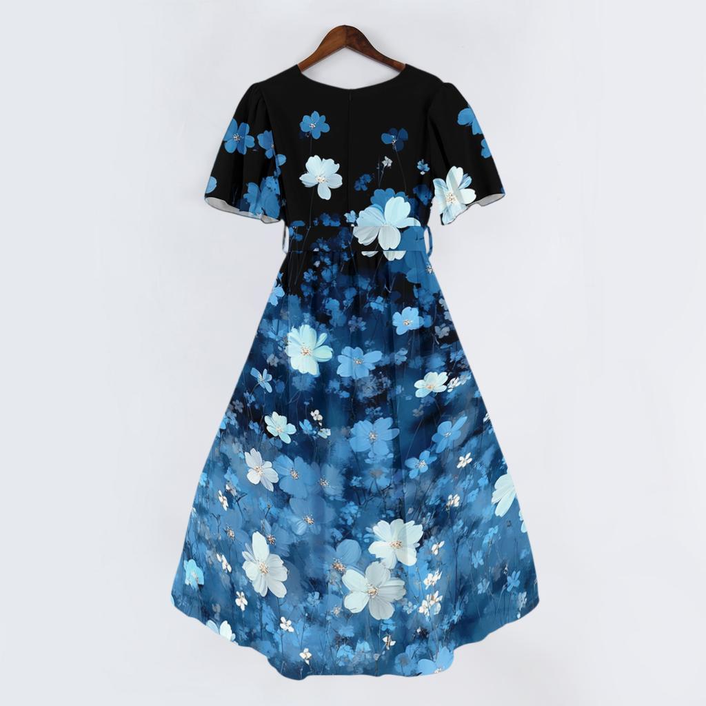 Womens Casual V Neck Short Sleeve Floral Print Midi Dress Vintage Style Lightweight Soft Fabric Flowing Skirt for Daily Wear