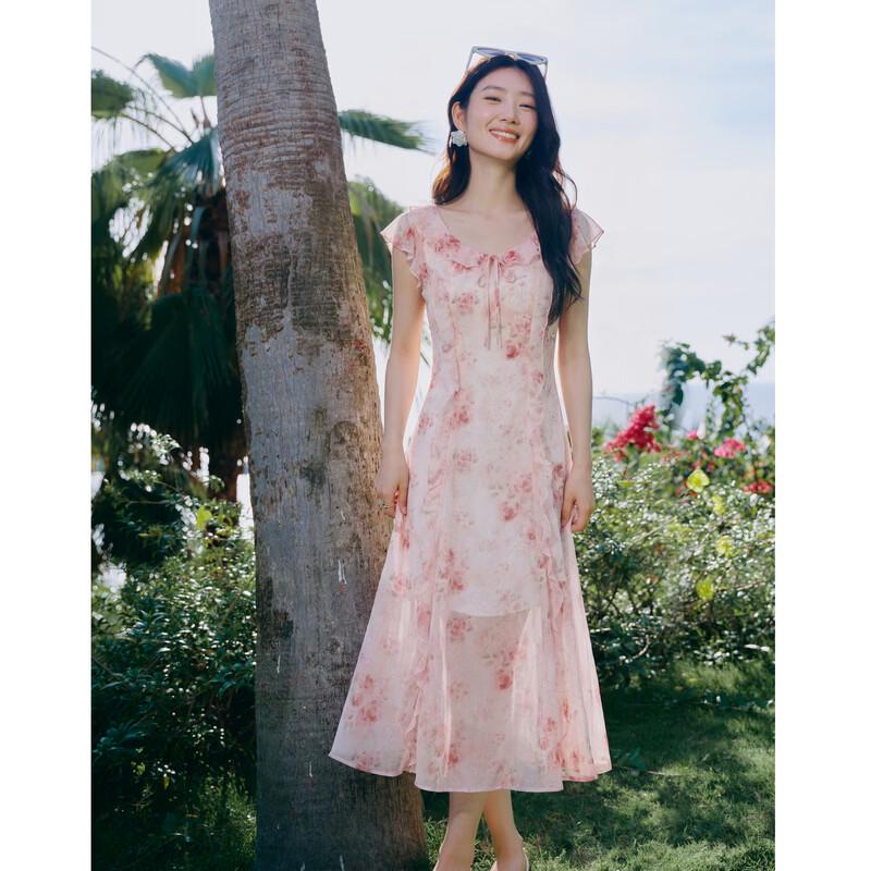 Qiusyiren Sweet Floral Ruffle V-Neck Midi Dress M