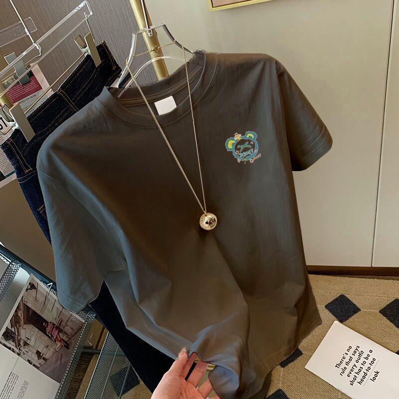 European Cartoon Print Cotton T-Shirt - White, Short Sleeve, Loose Fit, Round Neck, Summer 2025 Women's Fashion