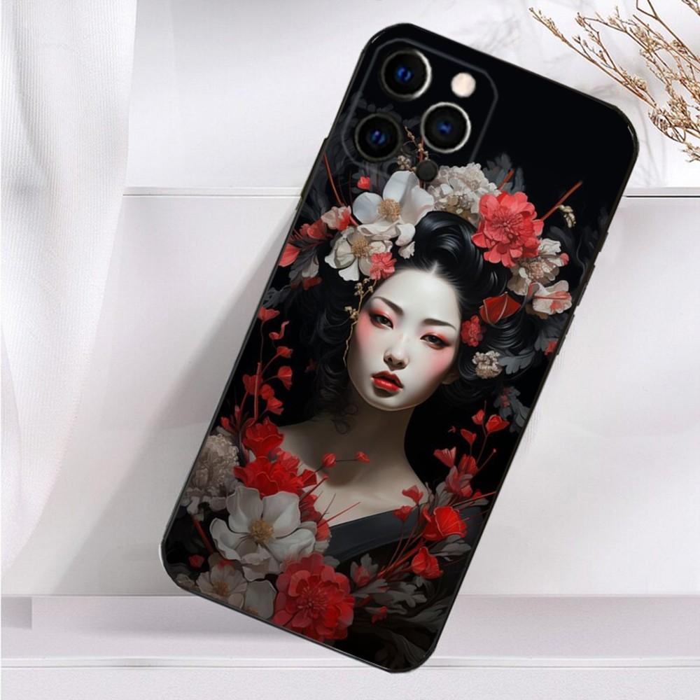 Japanese Geisha W-Woman Phone Case For iPhone 16,15,14,13,12,11 Plus,Pro Max,XS,X,XR,SE,Mini,8,7 Soft Silicone Black Cover