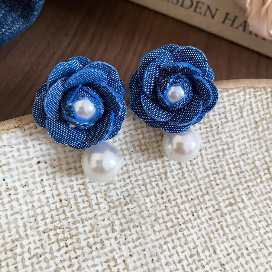 Blue Oil Drop Crystal Flower Round Earrings Stud Earrings Design Sense Niche