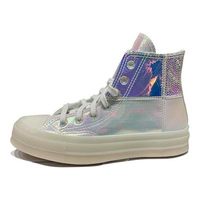 1970s Holographic Laser Round Toe Lace-up High-Top Canvas Shoes Unisex White