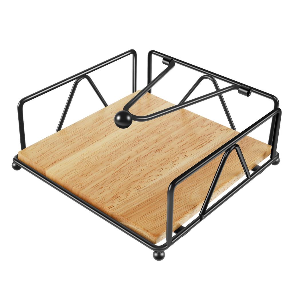 Napkin Holder Iron Flat Serviette Holder Freestanding Wooden Base Square Paper Raised for Kitchen Office Table Reusable