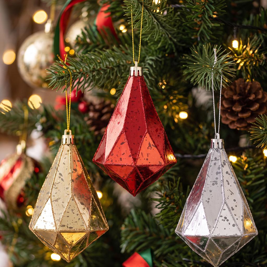 Vintage Cracked Christmas Baubles Gold Silver Red Diamond Rhombus Shape Xmas Tree Hanging Ornaments