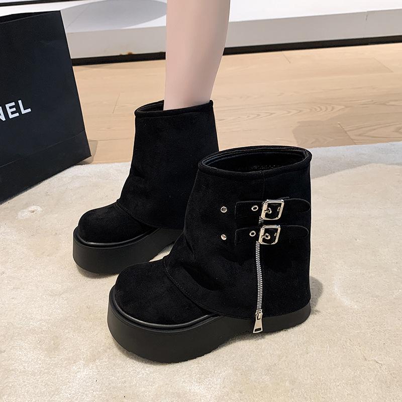 [Fanfna] Muffin thick-soled big-headed pants boots for women's 2025 autumn new heightening fried street western short boots