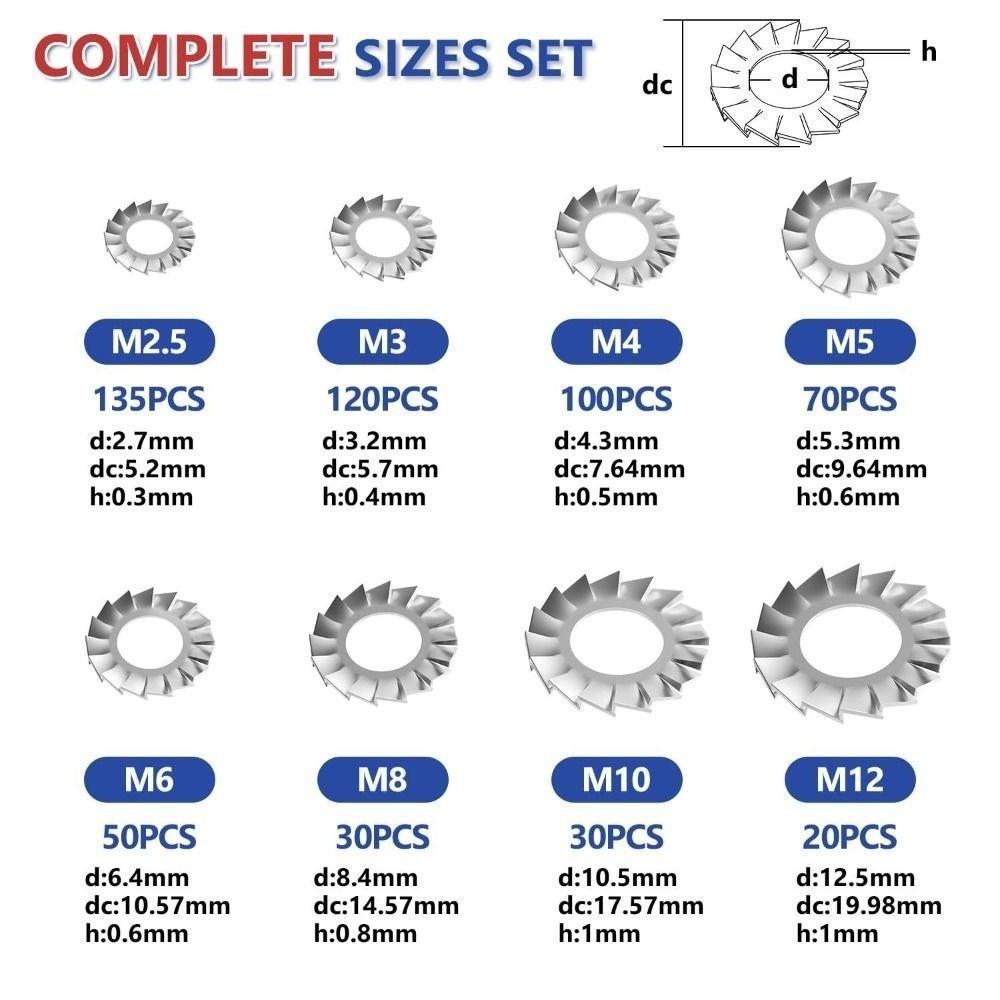 555Pcs/Box Stainless Steel Lock Washers Anti-Slip Locking External Tooth Lock Washers Durable Washers Assortment Kit