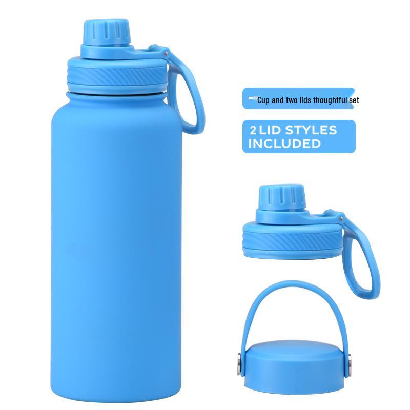 Large 1L Stainless Steel Thermos with Two Lids - Portable Outdoor Double-Drink Sports Bottle 1L