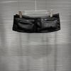 2025 A/W Black Pleated Leather Skirt with Detachable Velcro Pockets & Patchwork A-line Design