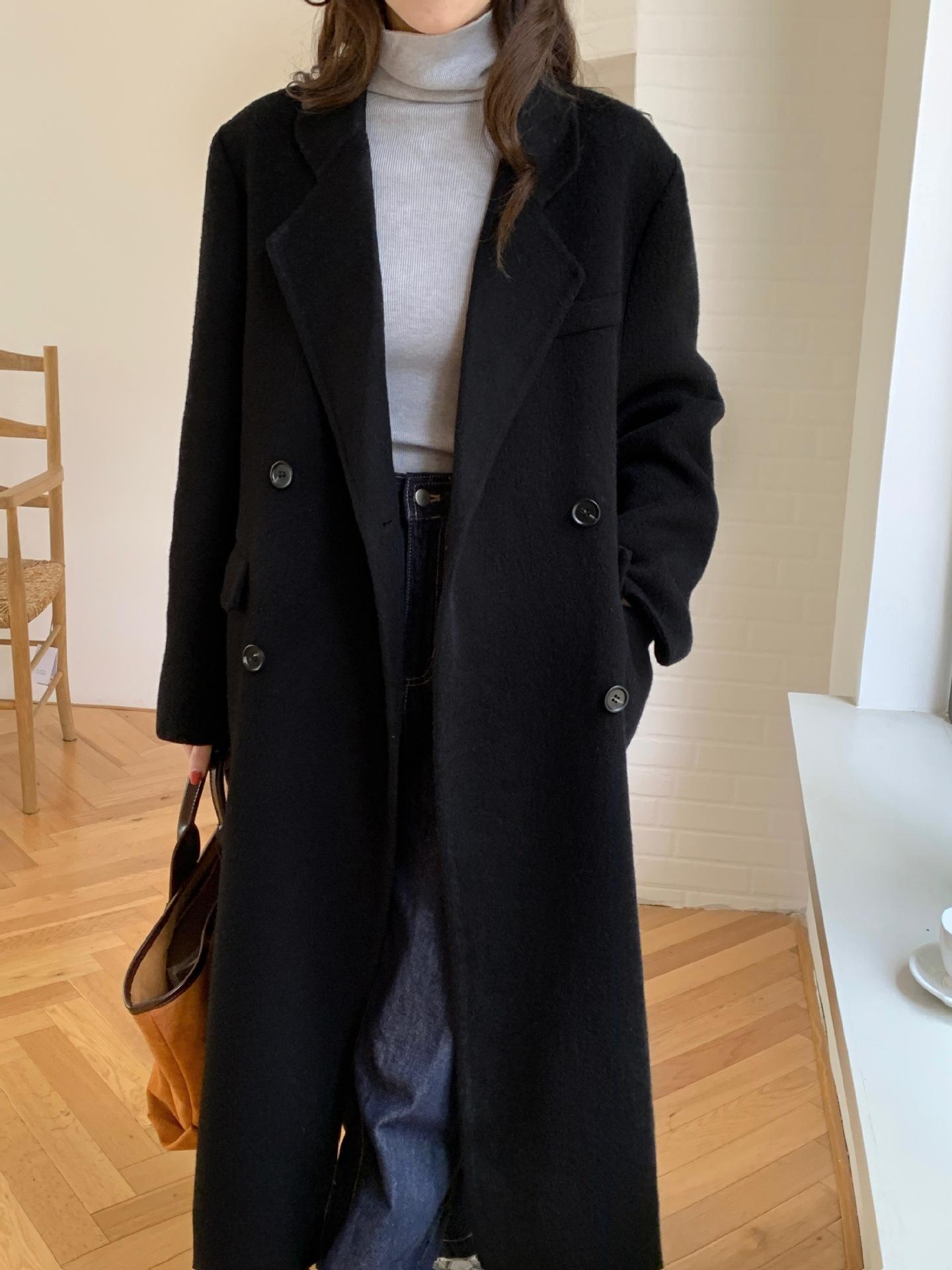 

804 high-end atmospheric shoulder camel wool coat women s daily commuting versatile temperament woolen coat S чорний