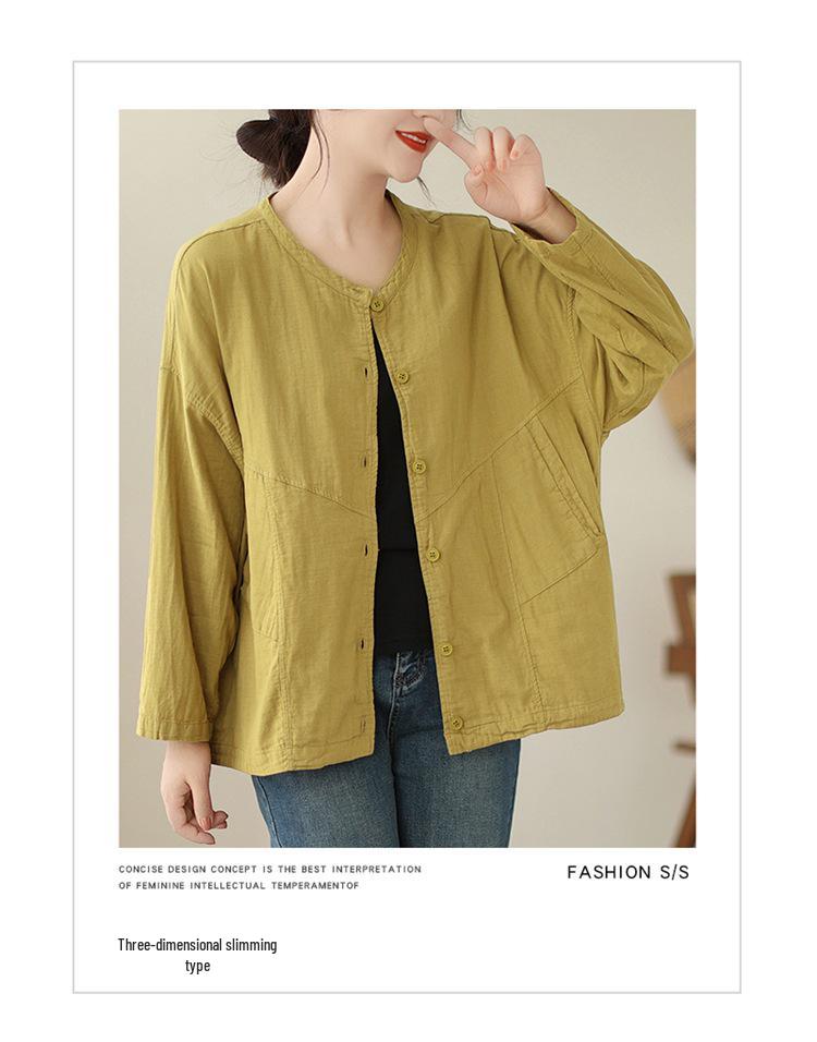 Giacca da Donna a Doppio Strato in Cotone Girocollo - Primavera Artistica Versatile Vestibilità Larga Casual Monocolore Manica Lunga