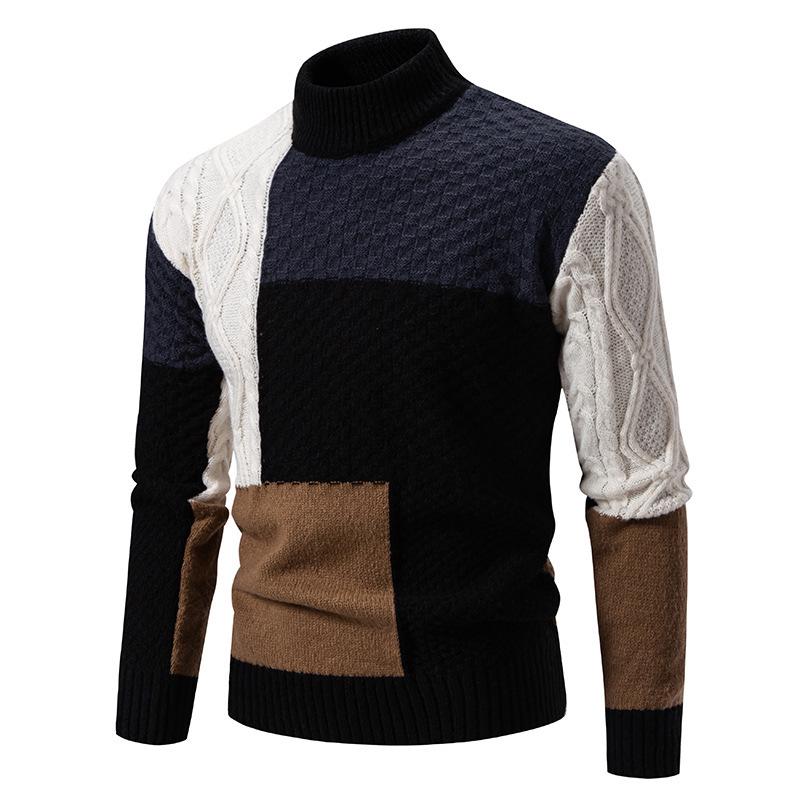 2024 Men's Color Block High Neck Sweater, Trendy Plus Size Knitwear for Autumn/Winter