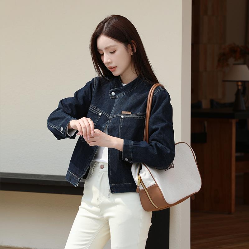 French-Style Distressed Stand Collar Zipper Motorcycle Denim Jacket