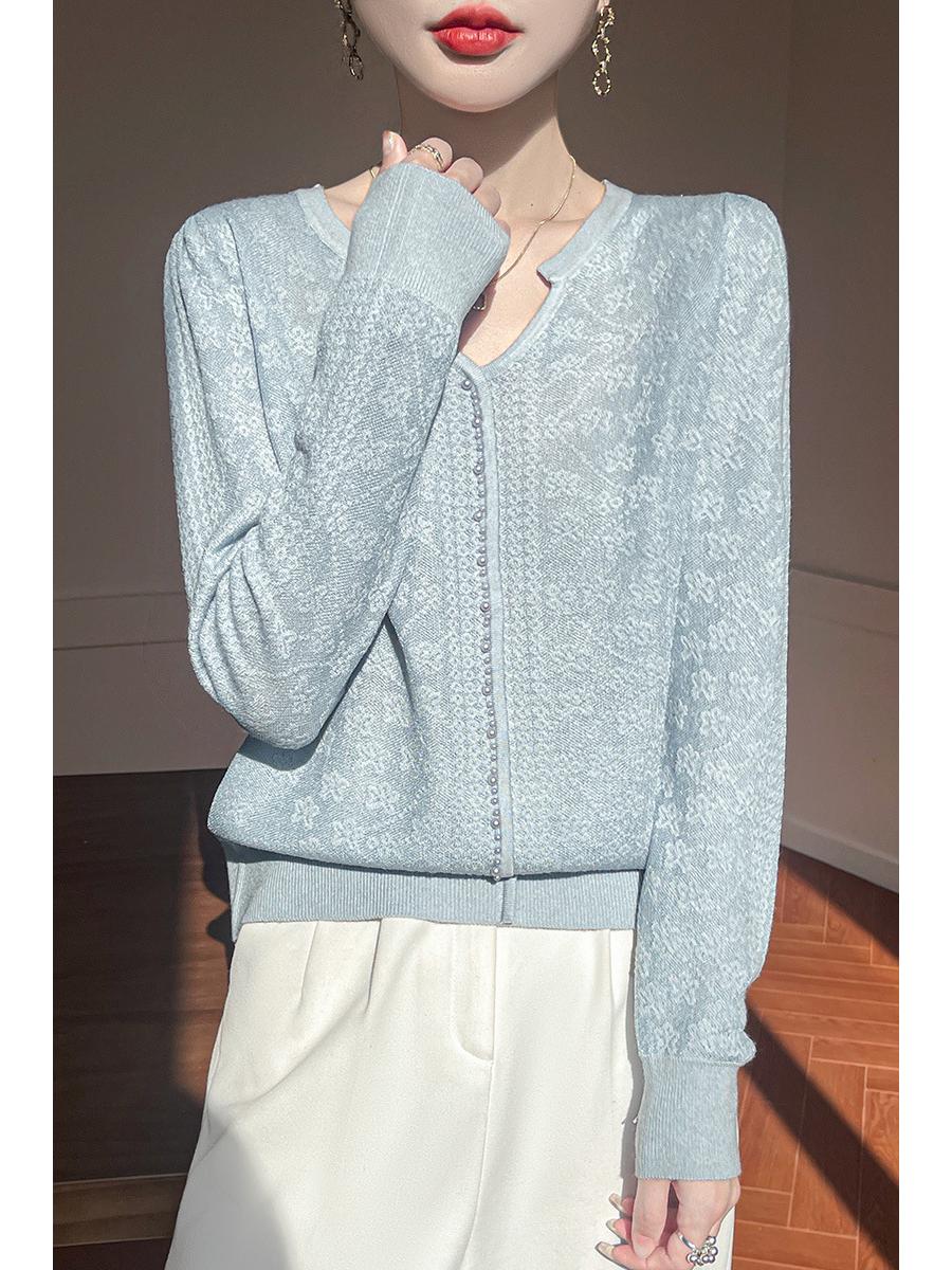 

Кардиган из мериносовой шерсти с V-образным вырезом и жемчужными пуговицами для женщин 2025 XL небесно-голубой