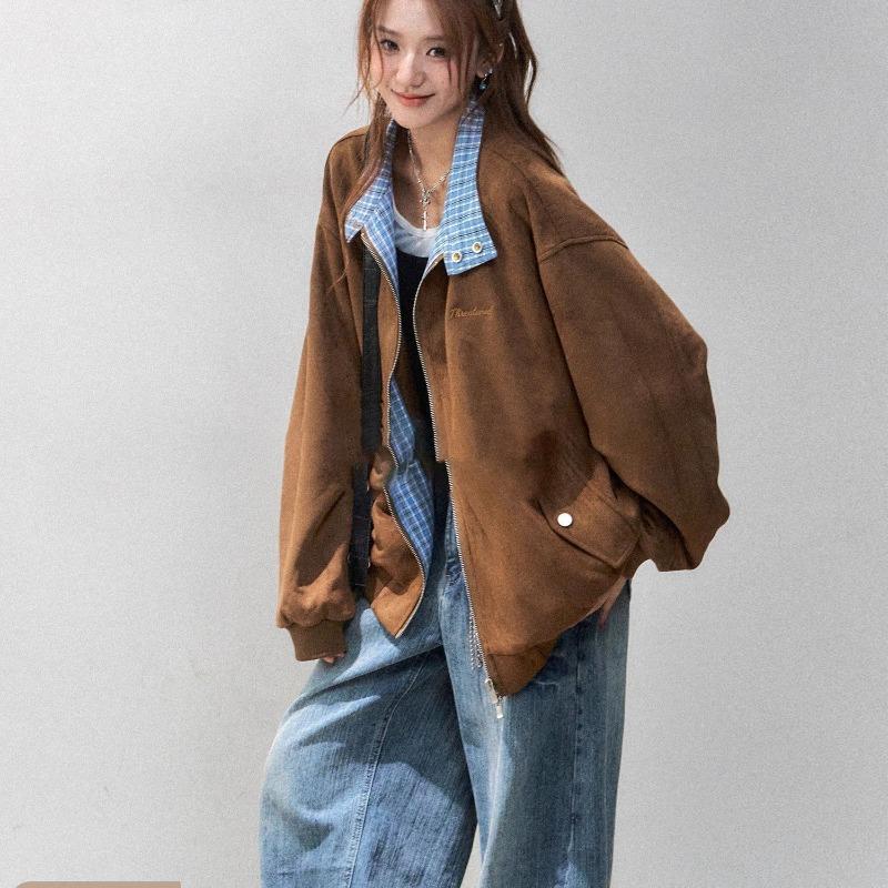Autumn Loose Plaid Suede Coat Womens Casual Baseball Jacket Stylish Outerwear