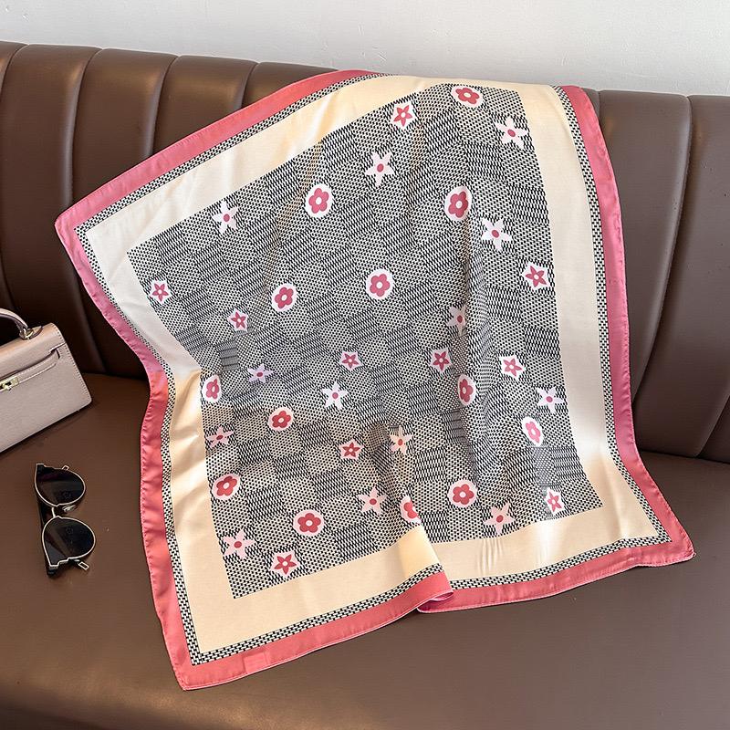 1Pcs 70Cm Plaid Floral Silk Scarf For Women, Imitation Silk Simple And Versatile Headwear Bag Decoration Clothing Square Scarf
