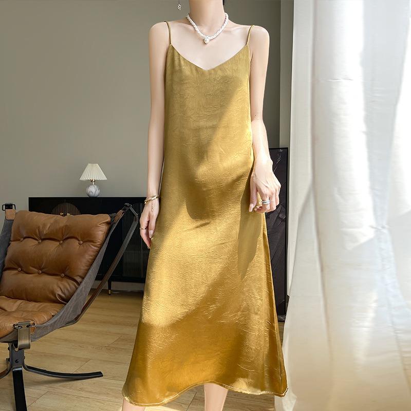 

Women s Dress Chinese Dark Pattern Jacquard Halter Dress On The Base of National Style A-line Long Dress S золотой