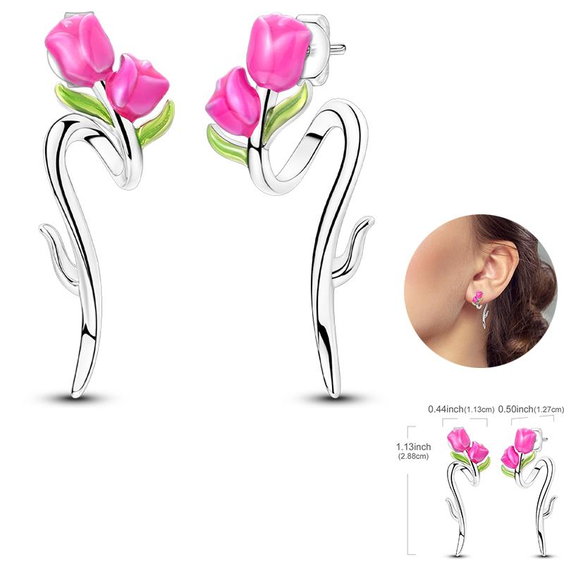 Early Spring 925 Silver Pink Tulip Sunflower Butterfly Grape Sweet Fresh Earrings Fit For Engagement Fine Jewelry Gifts