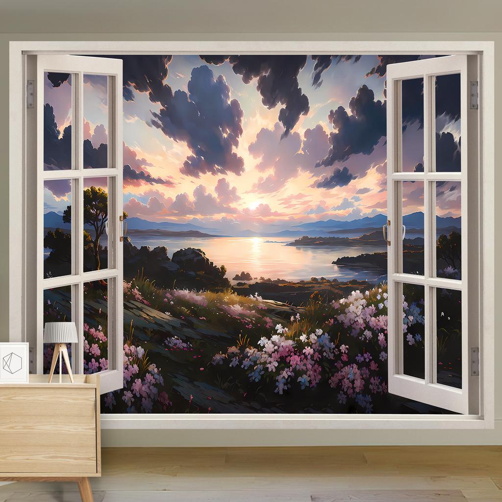 Scenic Landscape Hanging Cloth Natural Woods Beach Simulation Window Decoration Room Background Cloth Wall Painting Cloth