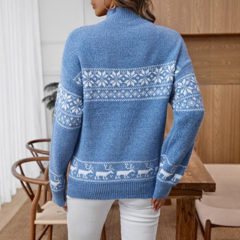 Christmas Snowflake Jacquard Sweater for Women Autumn and Winter New Half Turtleneck Pullover Long-sleeved Sweater