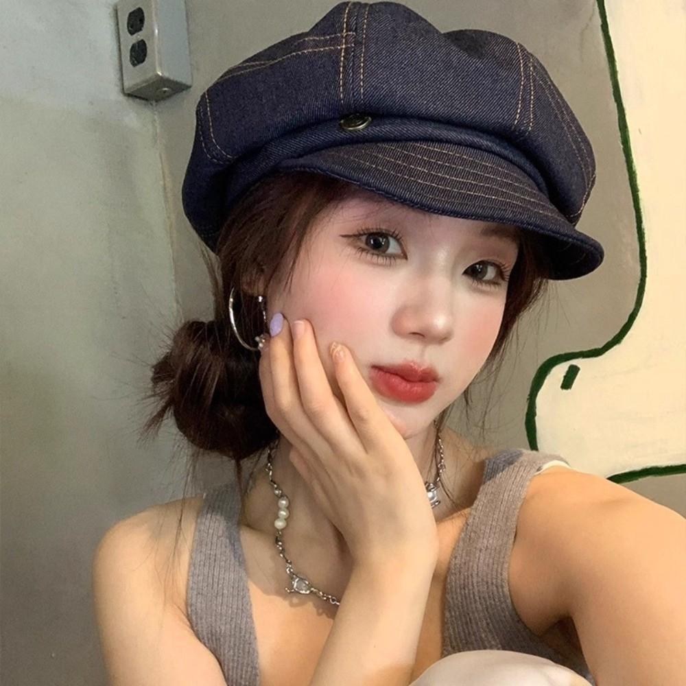 Korean Octagonal Hats Spring Autumn Painter Hat Trendy Denim Beret  Outdoor