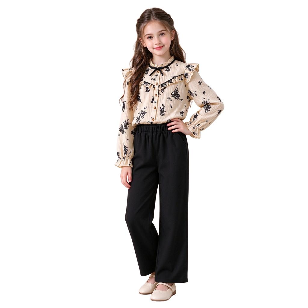 Girls' 2-Piece Outfit Set, Casual Printed Lace-Trim Long Sleeve Shirt and Wide Leg Pants for Everyday Wear