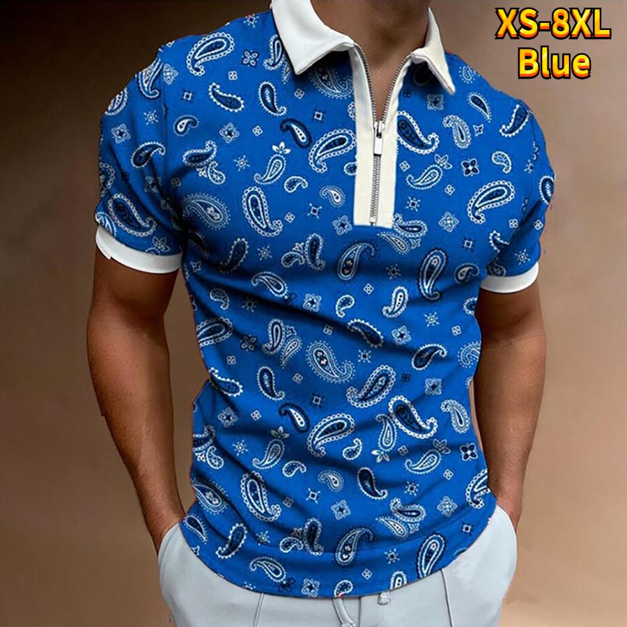 Casual Lapel T-shirt Young Men's Fashion Zipper T-shirt Short Sleeve T-shirt Men's 3D Red Pattern Print T Shirt