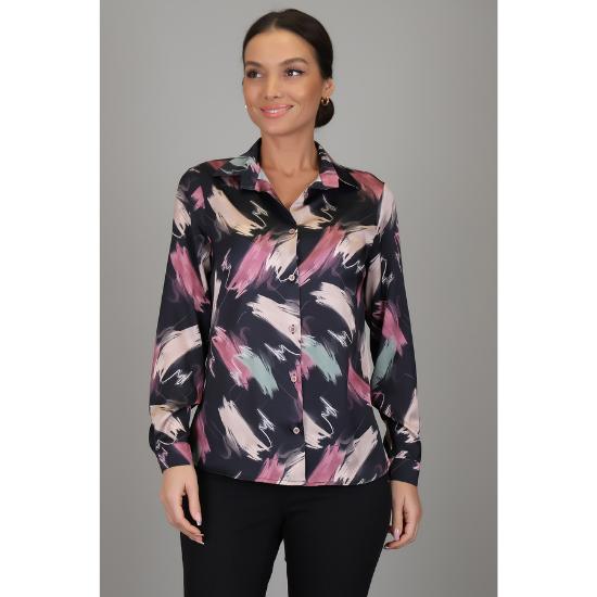 Koszula damska z długim rękawem z satyny Lycra w kolorze różowo-beżowym, wzorzysta DK 1009