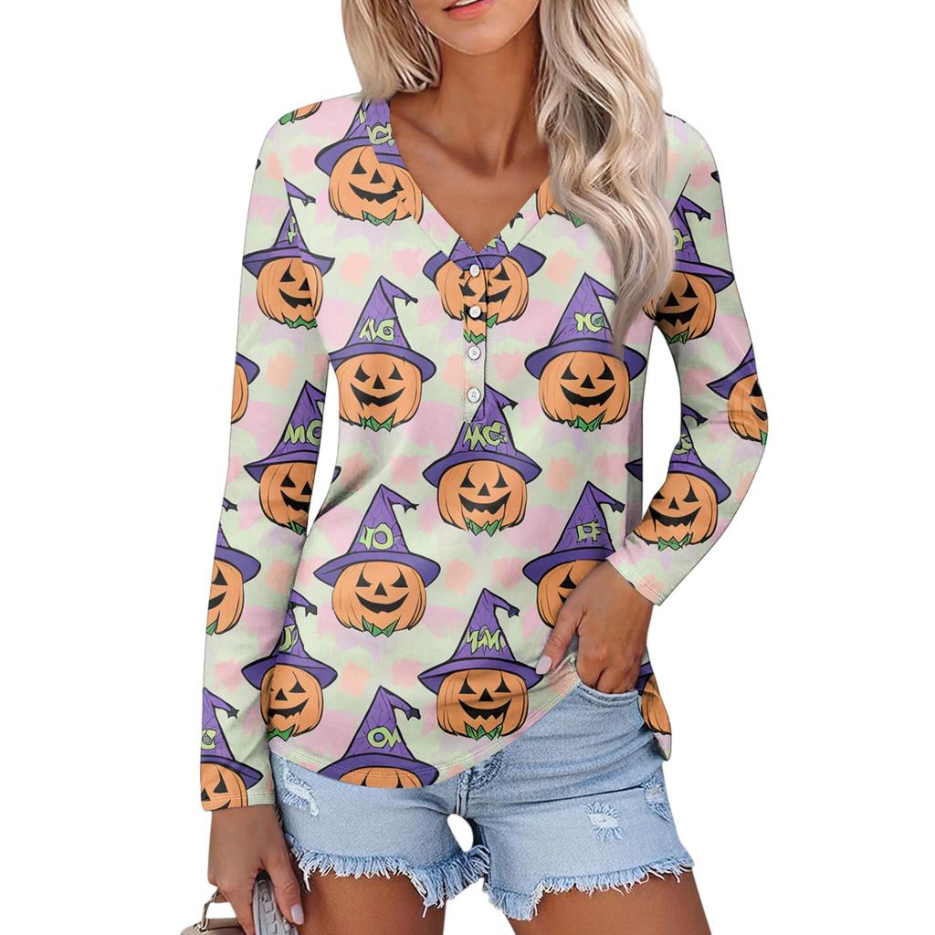 Women's Casual Fashion Sexy Comfort Halloween Printed V-Neck Button Long Sleeve