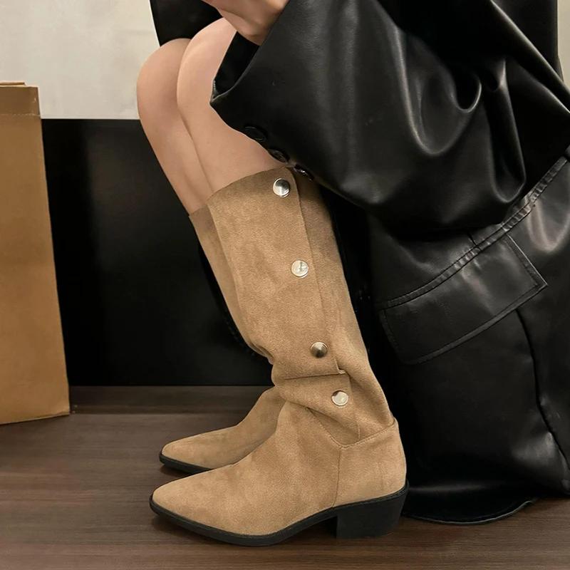 Vintage Women Western Cowgirl Boots Fashion Pointed Toe Slip On Shoes Autumn Winter Ladies Knight Long Booties