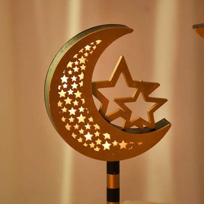 Eid Mubarak Mond Stern Lampe Holz Ornament 2025 Ramadan Kareem Heim Tisch Dekoration LED Licht Laterne Islamische Muslimische Party Geschenk