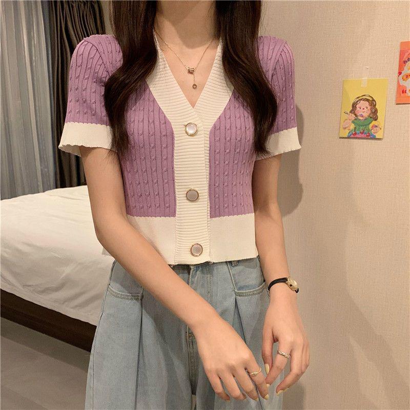 

Женский вязаный кроп-топ из ледяного шелка с V-образным вырезом, Коллекция Лето 2025 - Приталенный, с короткими рукавами, Дизайн с высокой талией Extra Large фиолетовый