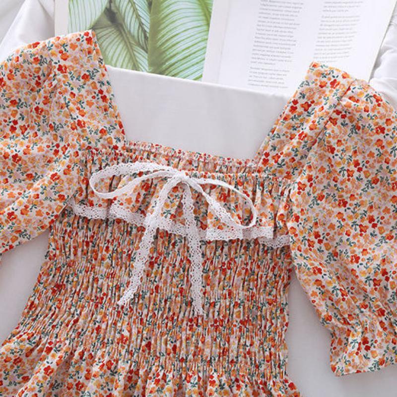 Broken Flower Sweet Puff Sleeve Women Blouse Slim Elastic Waist Square Neck Short Sleeve Top Lace Bow Decoration Fairy Casual