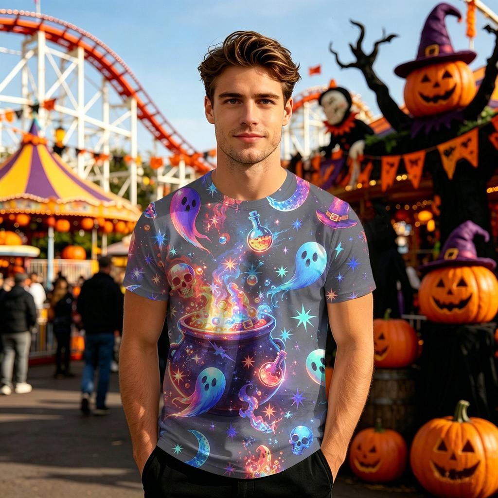 Unisex Halloween Graphic T Shirt Loose Fit Casual Short Sleeve Top Stained Glass Pattern Printed Tee for Everyday Wear