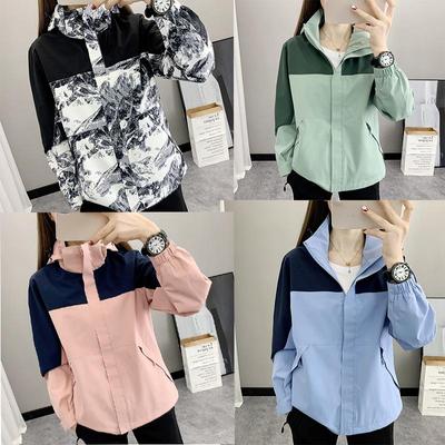 Women's Outdoor Sports Windproof Rain-proof Jackets Short Coat  Patchwork Colour Hooded Outerwear Oversize Loose Windbreaker