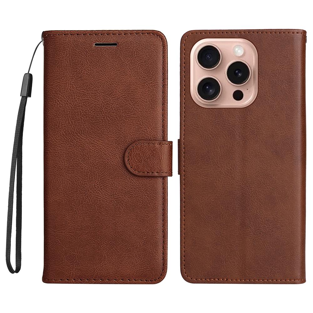 For iPhone 16 Pro Protective Case Solid Color Leather Mobile Cover Wallet Stand with Strap