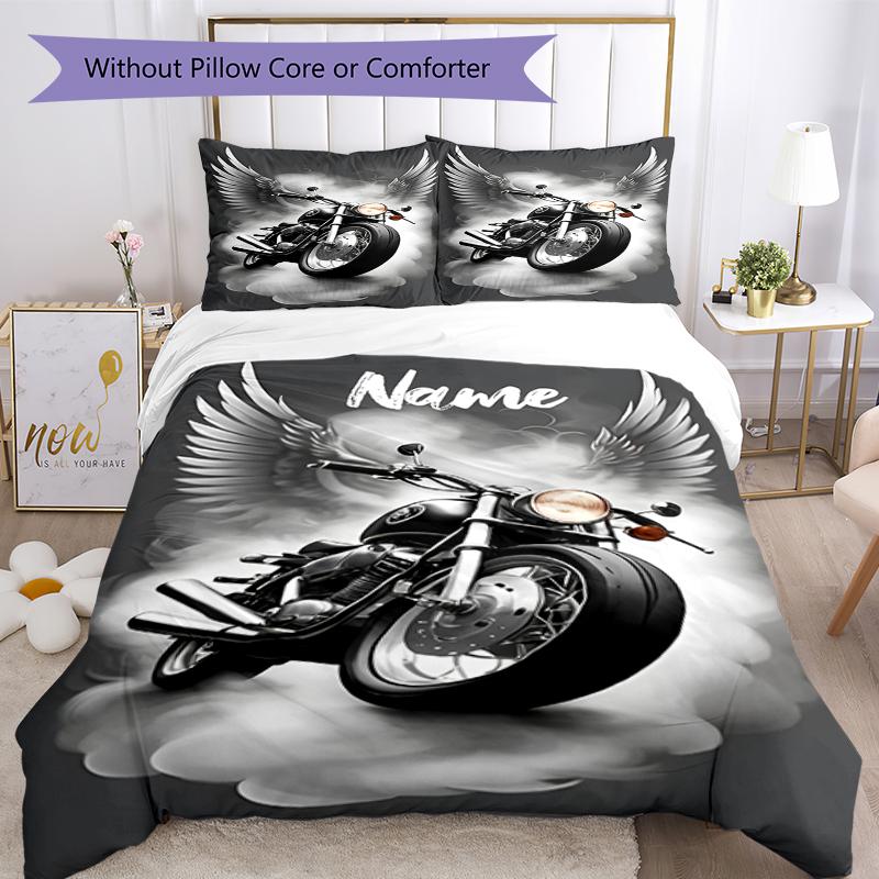 3pcs Custom Name Motorcycle Bedding Set Duvet Cover Closure Includes 1 Duvet Cover & 2 Pillowcases, Soft and Comfortable for All Seasons.