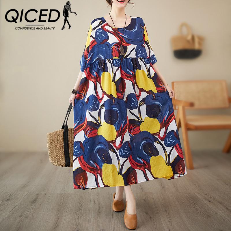 

QICED Простое женское платье большого размера в вычурном пасторальном стиле, маленькое свежее летнее свободное тонкое платье с короткими рукавами и абстрактным принтом Uniform size синий