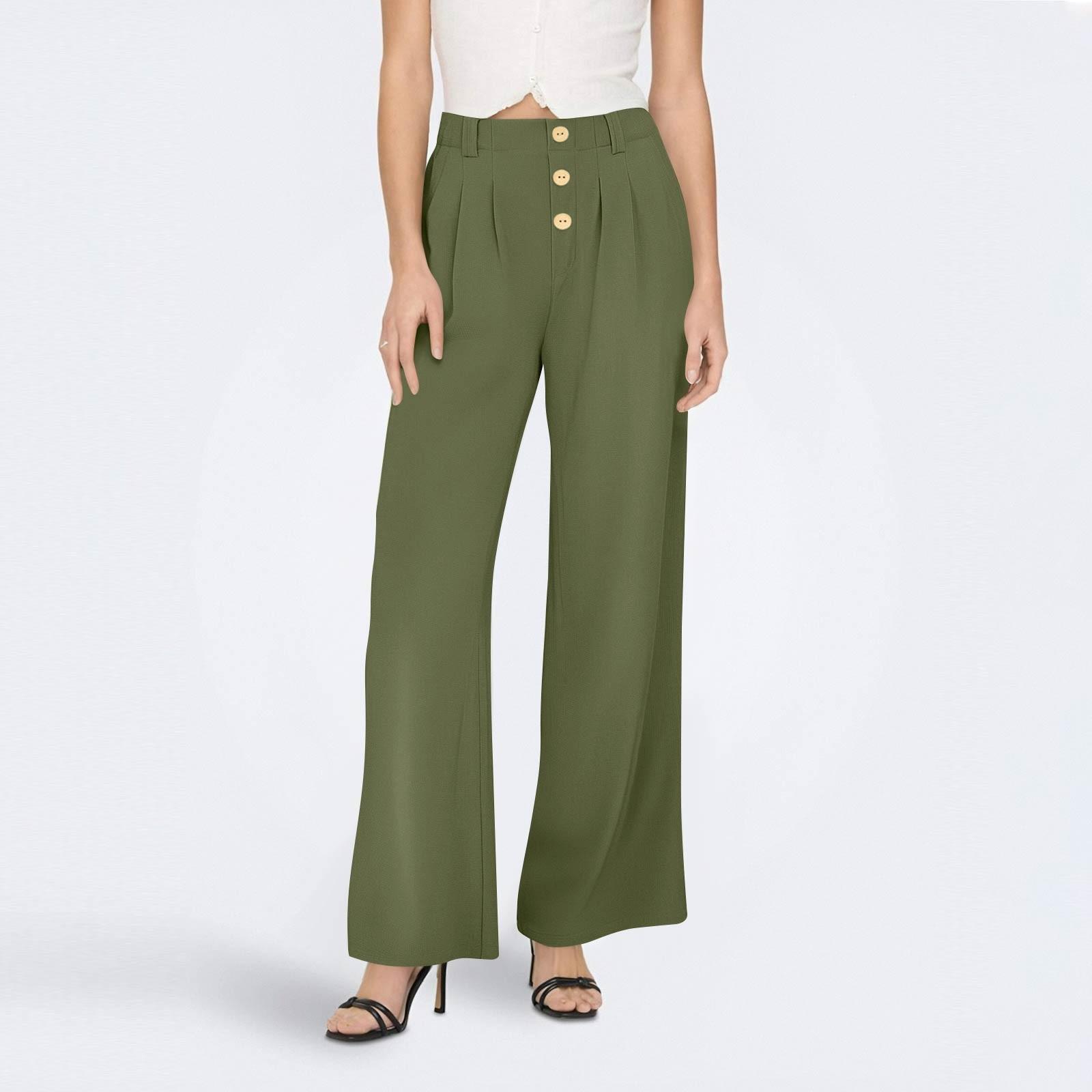 

Жіночі повсякденні штани прямого крою, однотонні штани з високою посадкою та кишенями L армія зелений колір