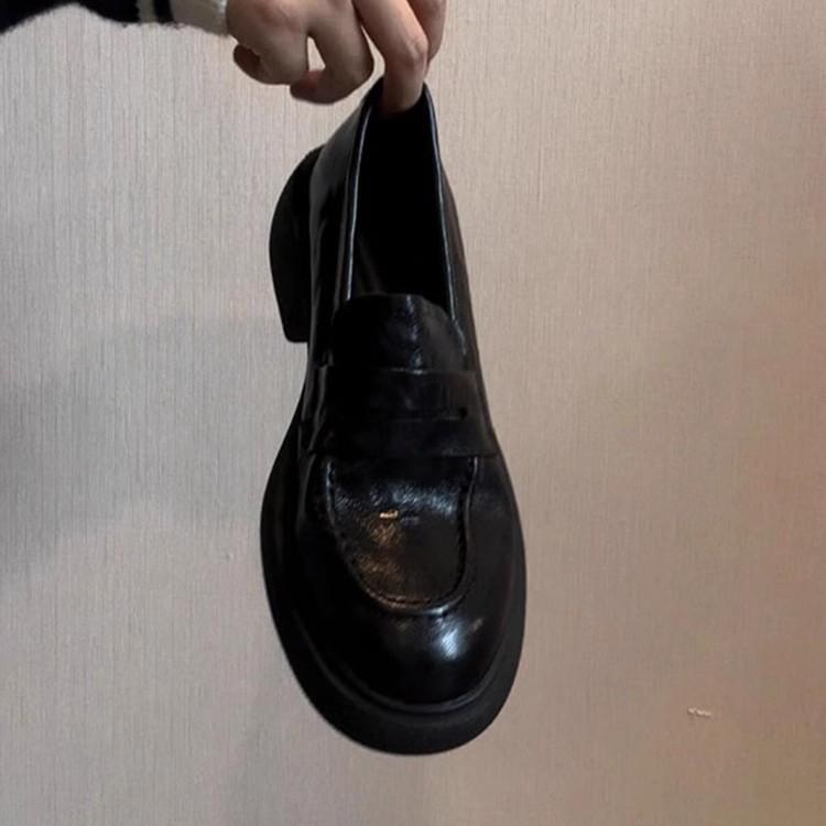 Sheepskin version~ genuine leather retro black platform heightening loafers women's versatile thick heel single shoes British style small leather shoe