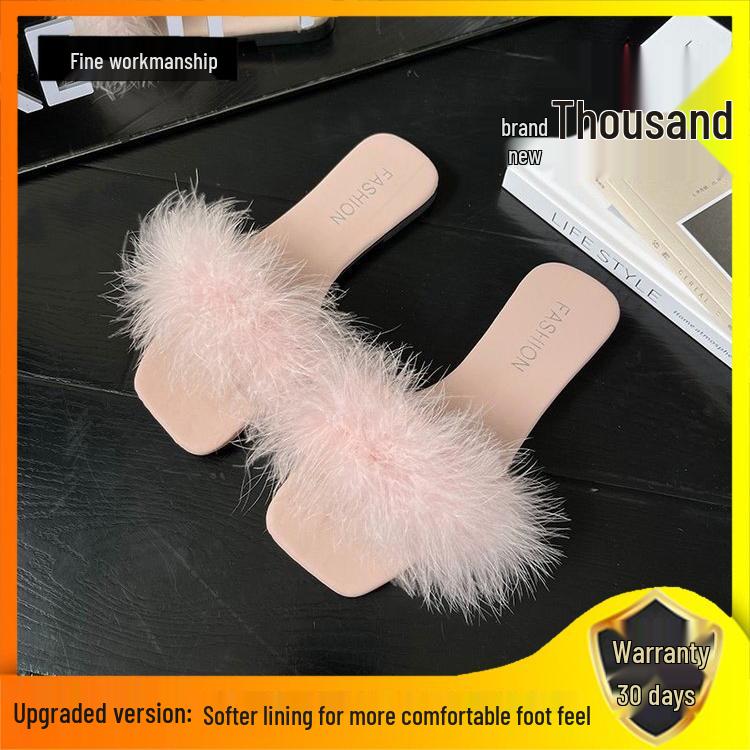 Women's 2026 Summer Fairy Style Furry Slippers - Girly Korean One-Strap Slides, Versatile with Skirts