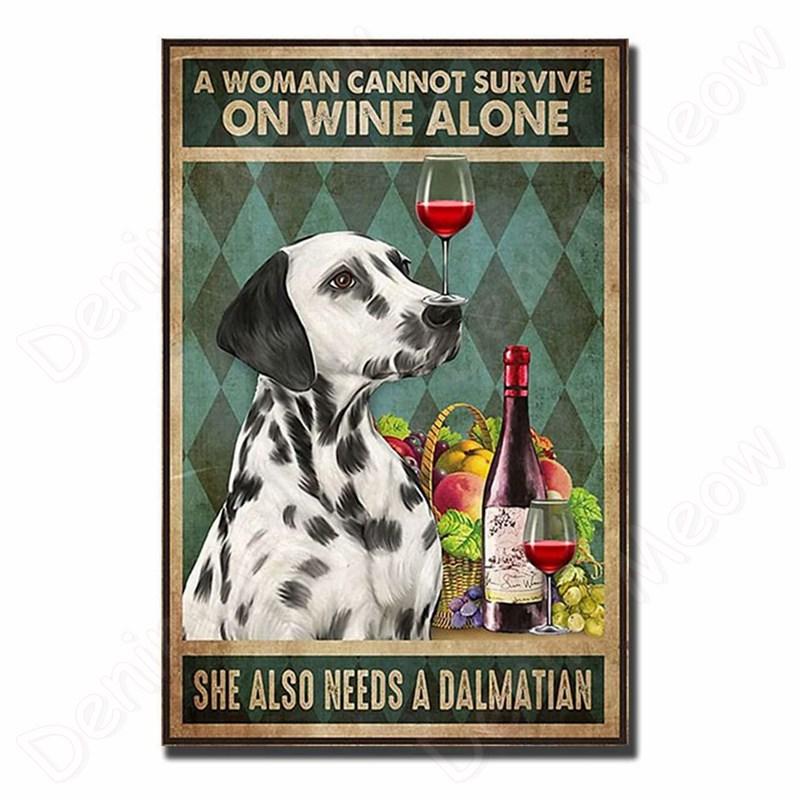 Vintage Bulldog Tin Sign for Home Wall Decor, A Woman Cannot Survive On Wine Alone, Funny Cat, Dog Metal Sign, Bar Decor