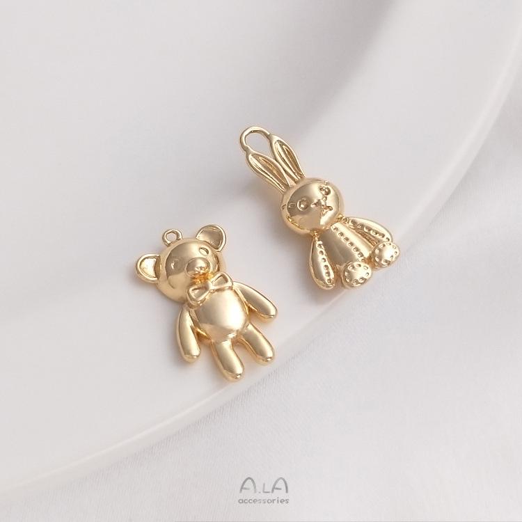 14K Gold-Filled Bear & Rabbit Pendant Charm for DIY Jewelry