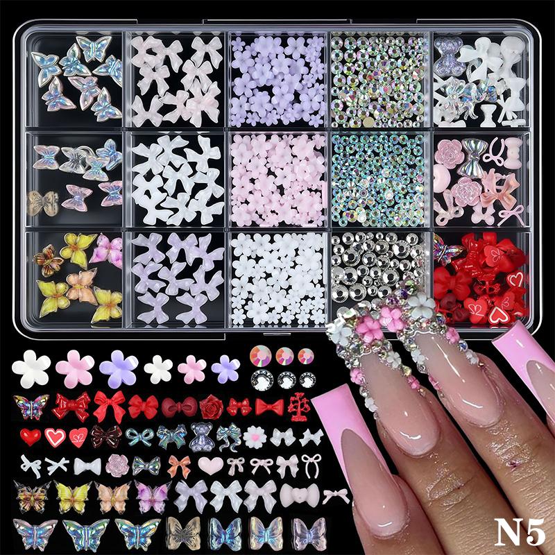 12/15 Grids/Box 3D Nail Art Decoration Kit With Resin Bowknot Pearls Heart & Assorted Shapes Kawaii Nail Charms DIY Manicure Art