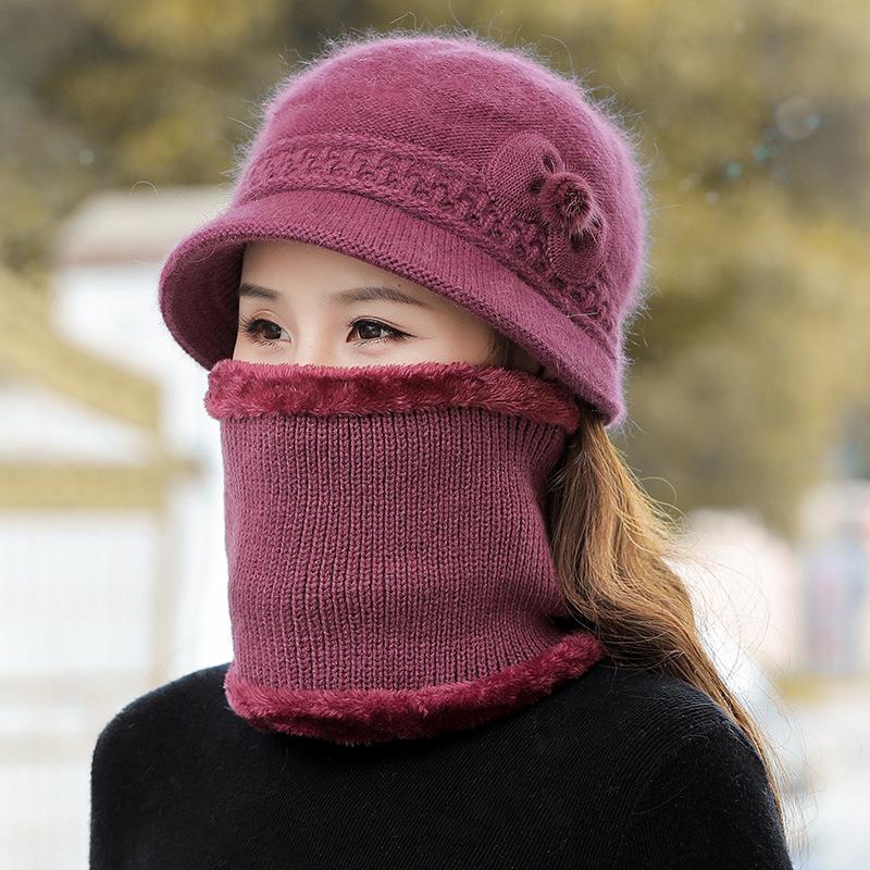 Căciulă tricotată de toamnă și iarnă pentru femei din păr de iepure cu floare la modă