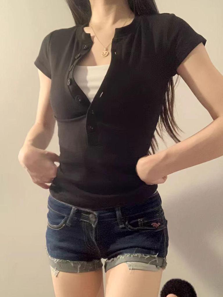 Women's Summer Shoulder Design Slim Fit Round Neck Short-Sleeved T-Shirt