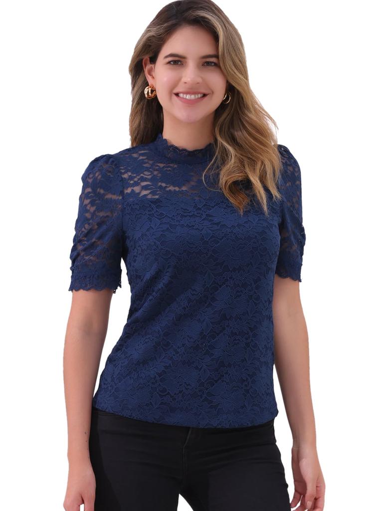 Allegra K Floral Lace Mock Puff Short Elegant Lace Dark Size S Women's Top, Neck, Sleeves, Sleeves, Dressy, Blouse, Blue,
