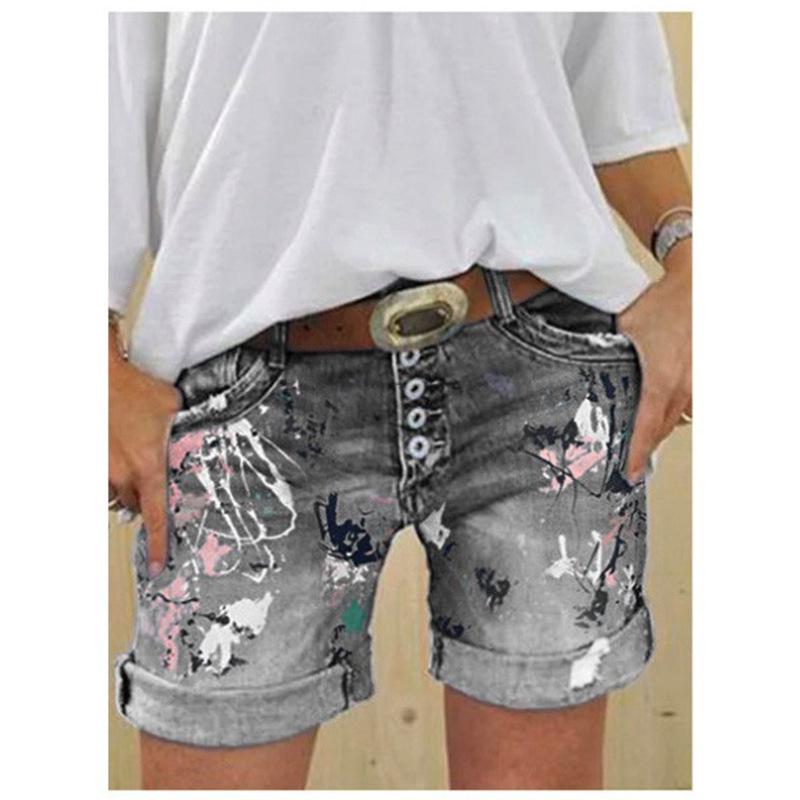 Pantaloncini di Jeans Elasticizzati da Donna a Vita Alta Taglie Forti con Stampa a Bottoni