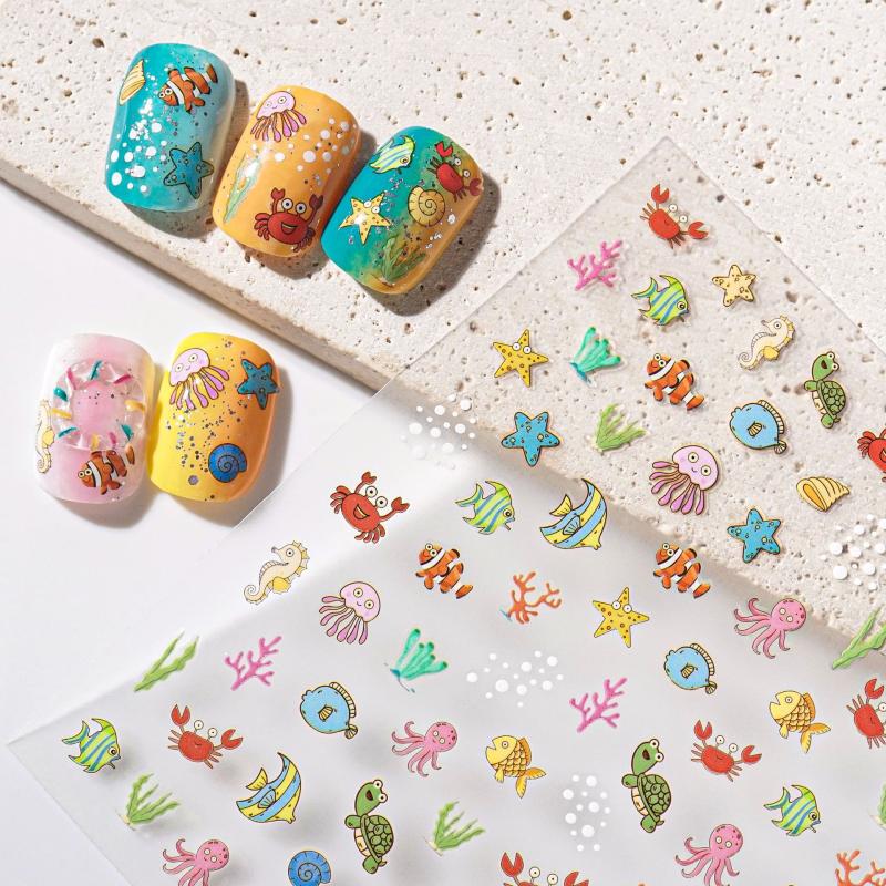 Cartoon Ocean Nail Art Stickers 3D Summer Starfish Seashell Nail Decals Colour Decoration Nail Charm Nail Art Supplies